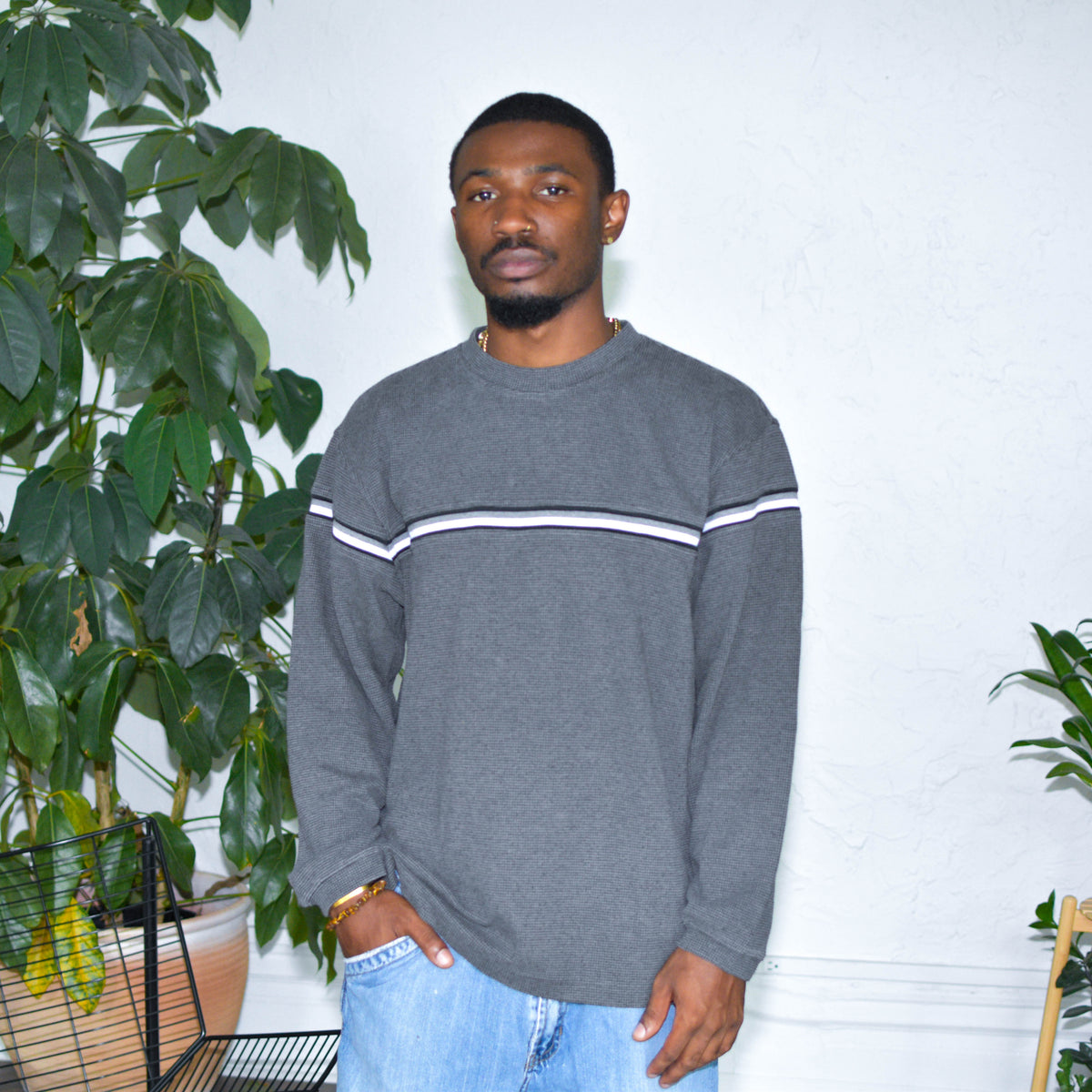 Vintage Y2K Grey Thermal Lined Waffle Knit Sweater