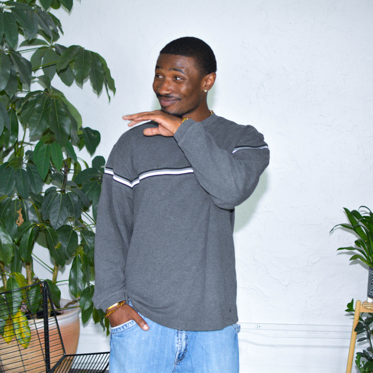 Vintage Y2K Grey Thermal Lined Waffle Knit Sweater
