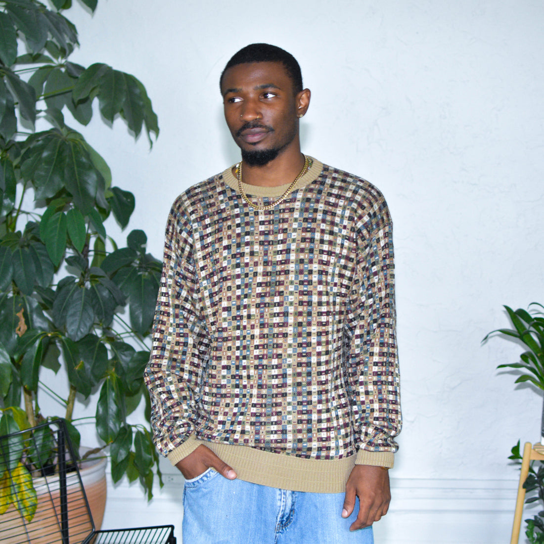 Vintage 90s Multi-colored Earth Tone Grid Knit Sweater