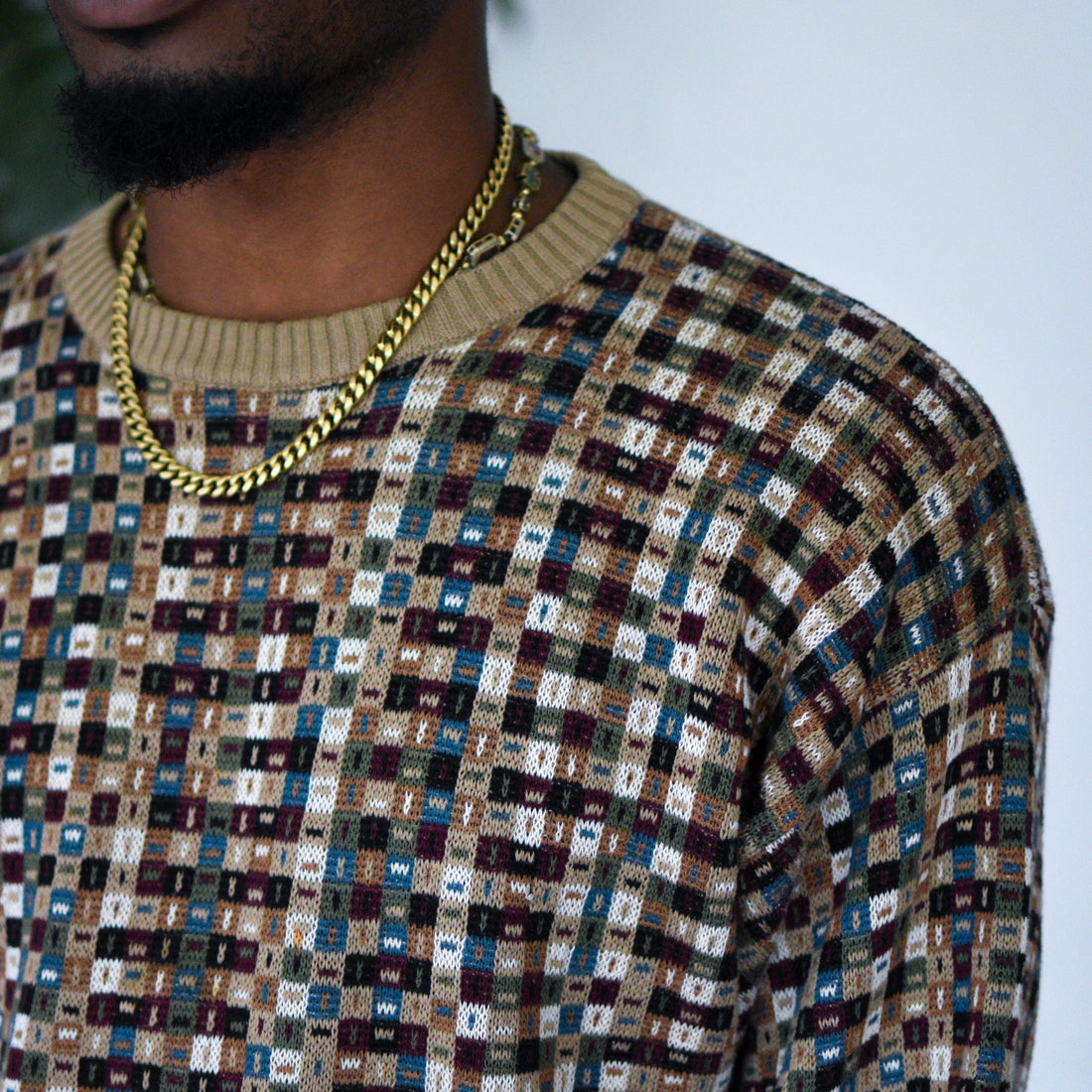 Vintage 90s Multi-colored Earth Tone Grid Knit Sweater