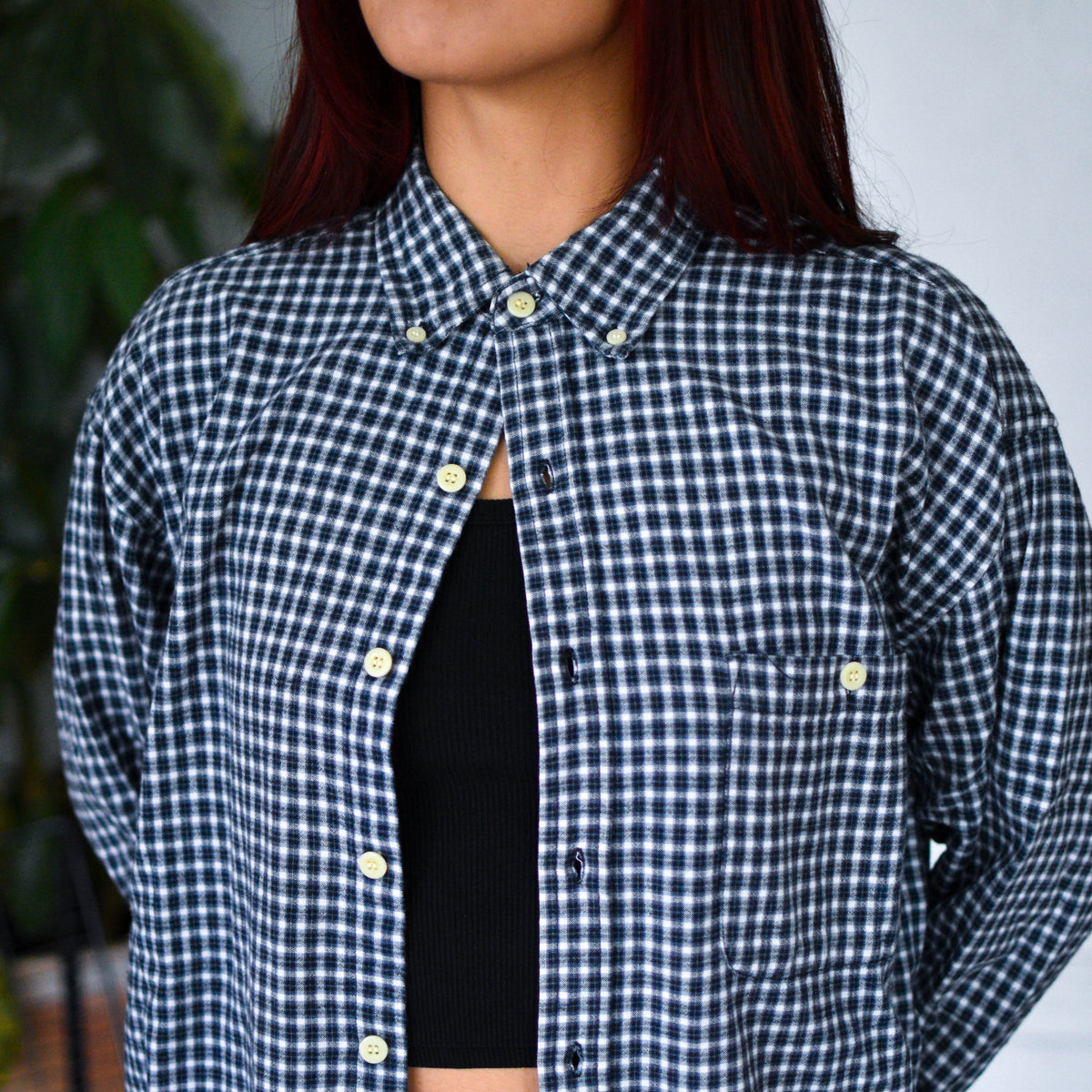Vintage Y2K Utility Navy &amp; White Plaid Button Up Top