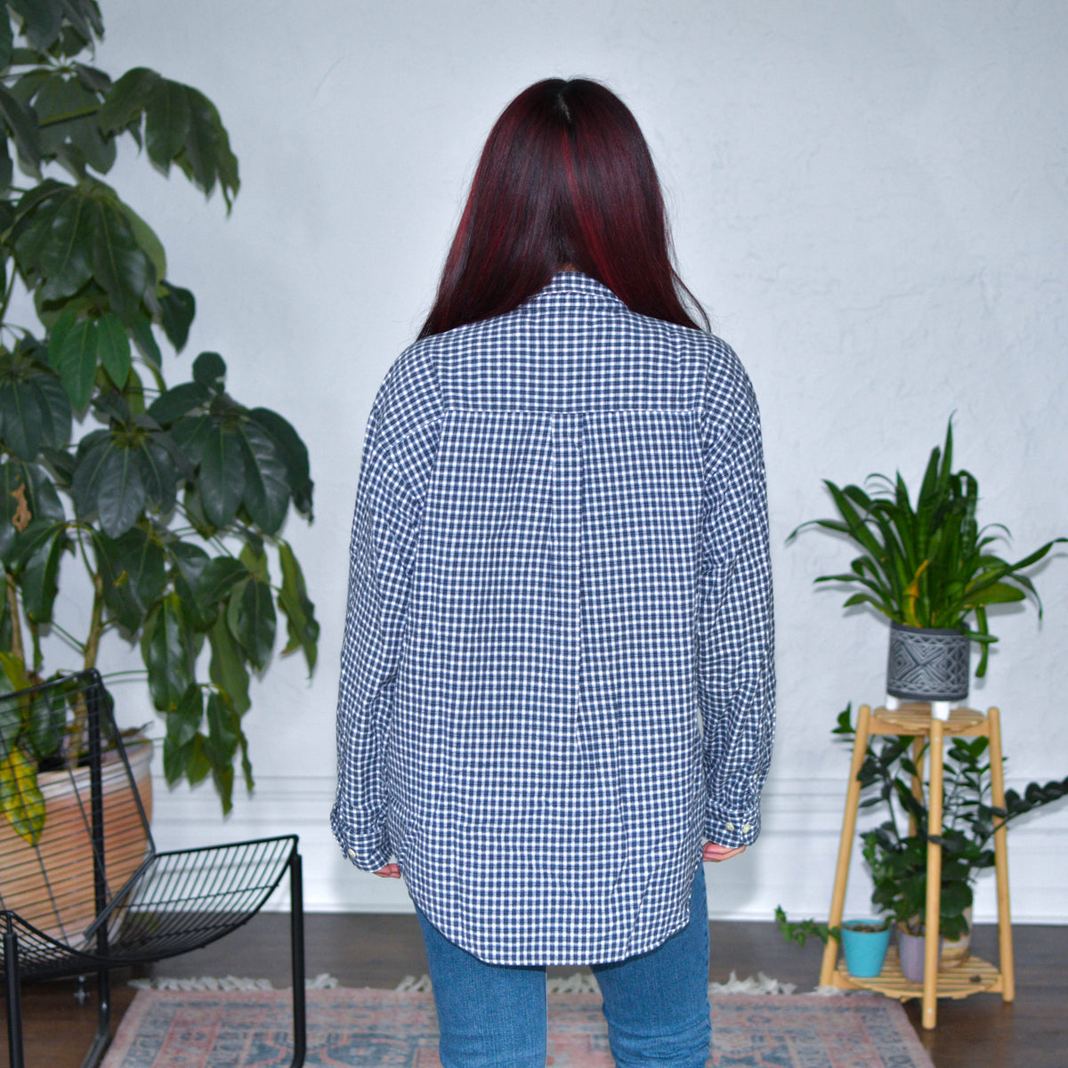 Vintage Y2K Utility Navy &amp; White Plaid Button Up Top