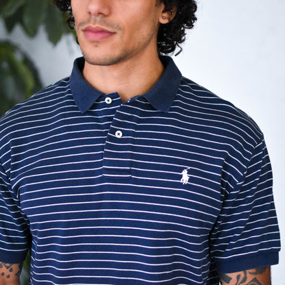 Vintage Polo By Ralph Lauren Navy Blue Striped Polo
