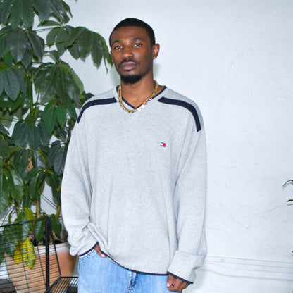 Vintage 90s Gray Tommy Hilfiger Ribbed V-neck Knit Sweater