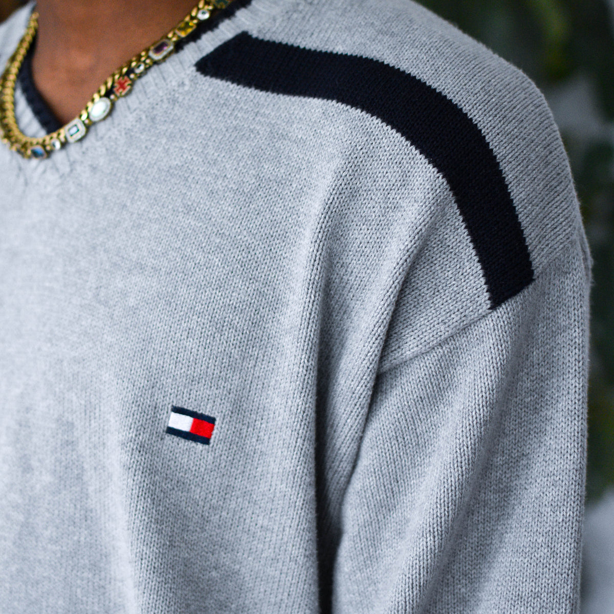 Vintage 90s Gray Tommy Hilfiger Ribbed V-neck Knit Sweater