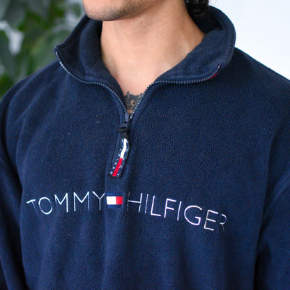 Vintage 90s Tommy Hilfiger Navy Blue Quarter Zip Fleece Pullover