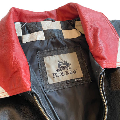 Vintage 90s Burk’s Bay Checkered Flag NASCAR Leather Jacket