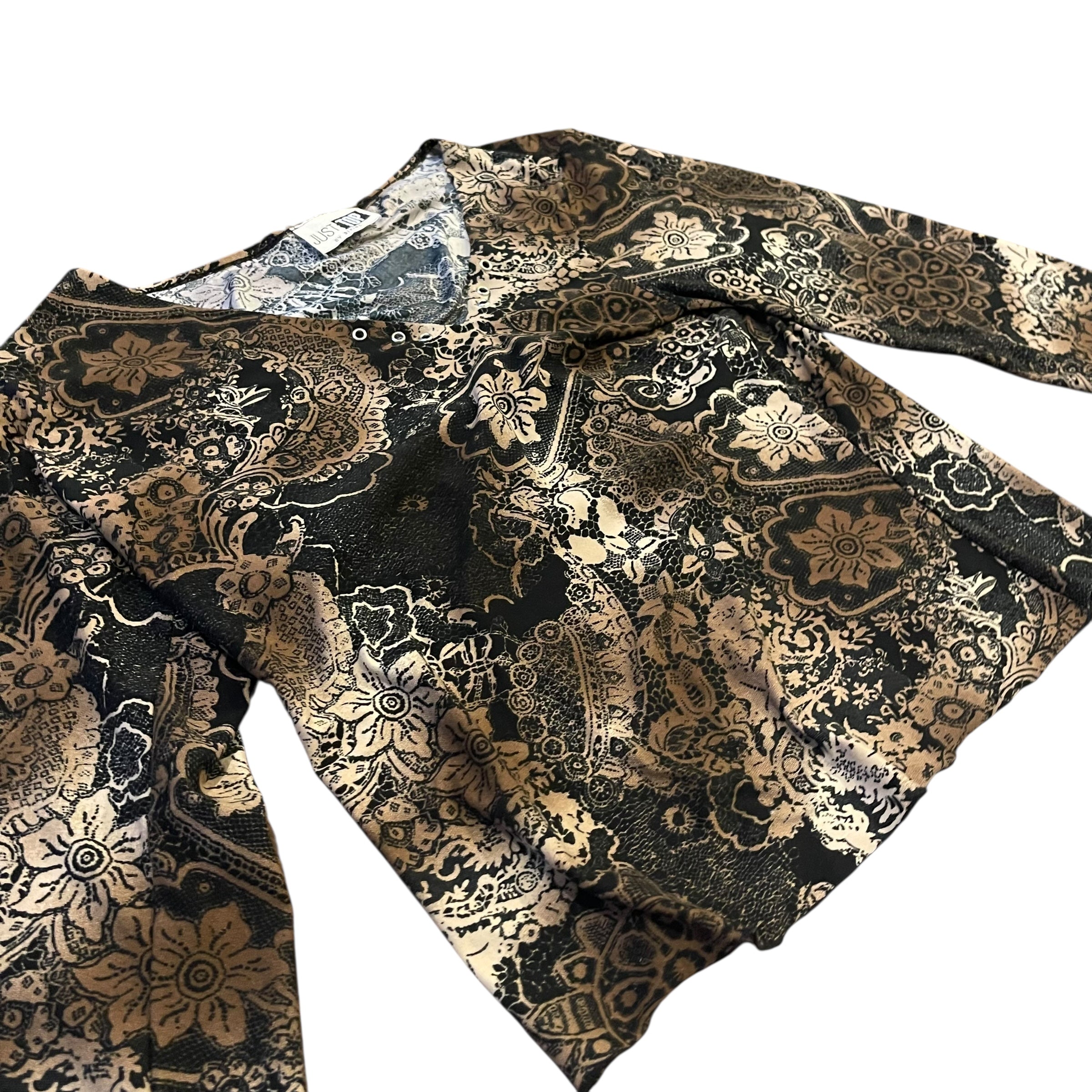 Vintage Y2K Brown and Black Paisley Long Sleeve Blouse