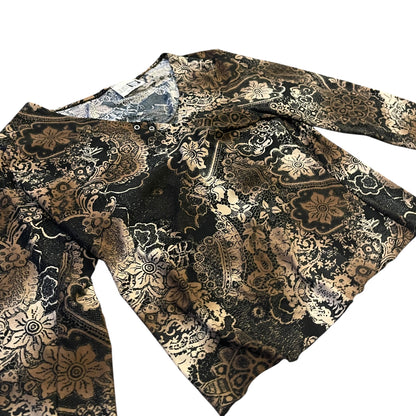 Vintage Y2K Brown and Black Paisley Long Sleeve Blouse