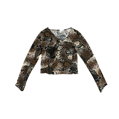 Vintage Y2K Brown and Black Paisley Long Sleeve Blouse