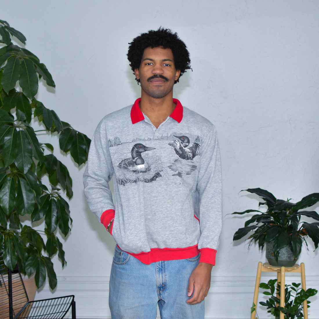 Vintage Loon Graphic Red Trim Collared Crewneck