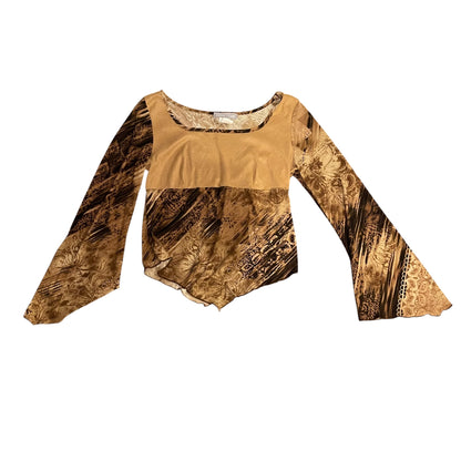 Vintage Y2K Brown Flared Long-Sleeve Blouse