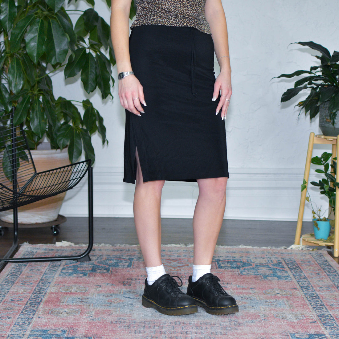 Vintage Tie Waist Black Midi Skirt
