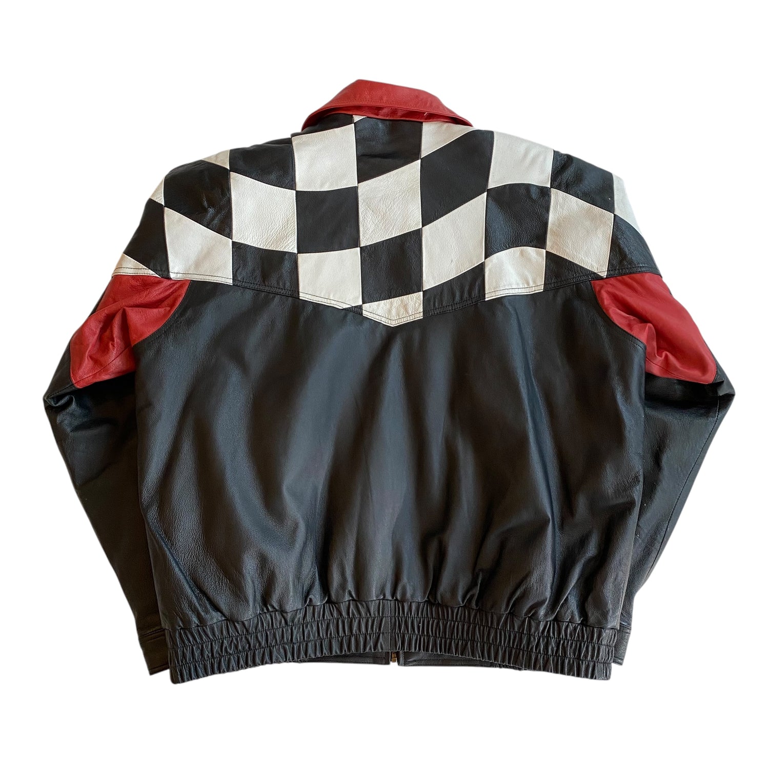 Vintage 90s Burk’s Bay Checkered Flag NASCAR Leather Jacket