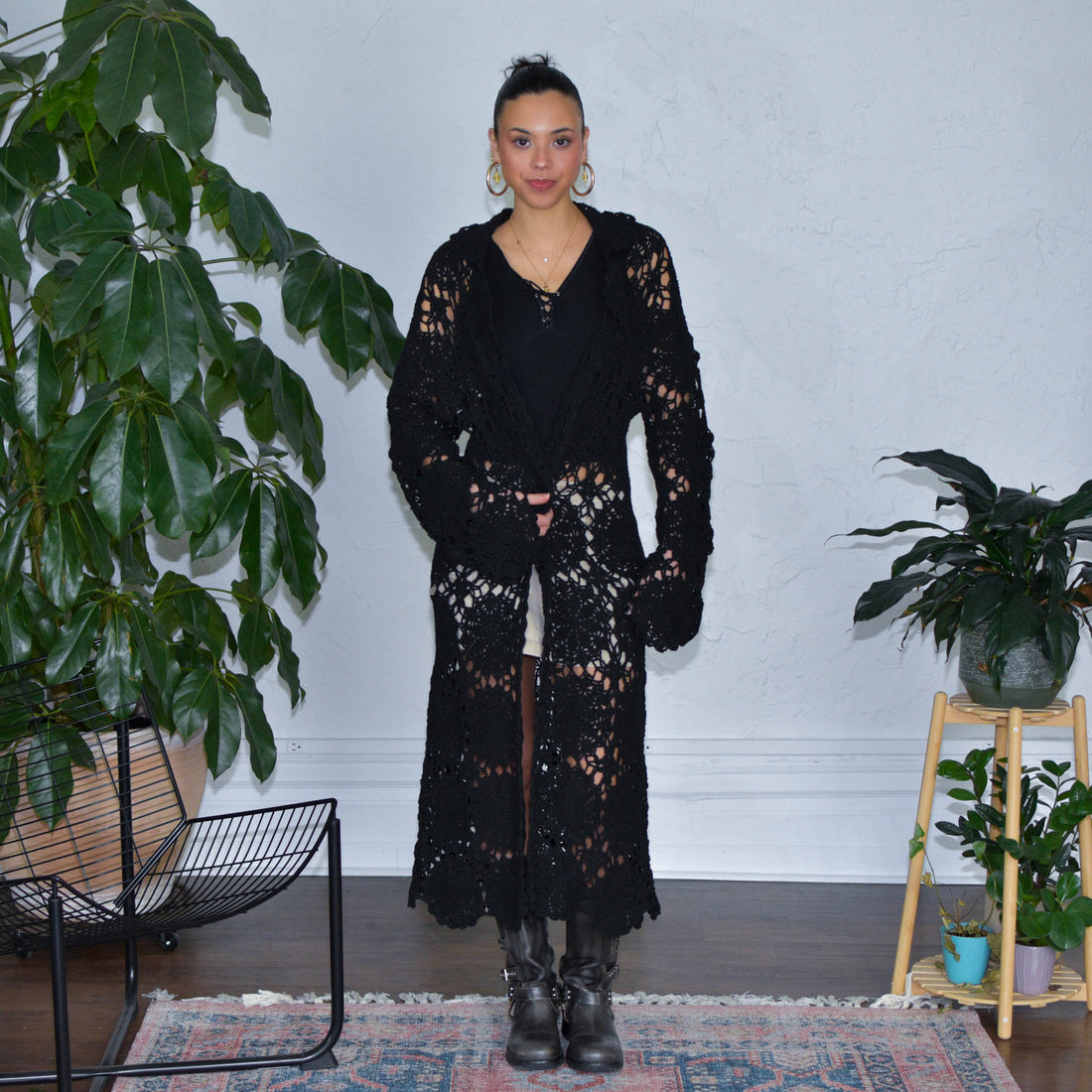 Vintage Black Femme Long Crochet Cardigan