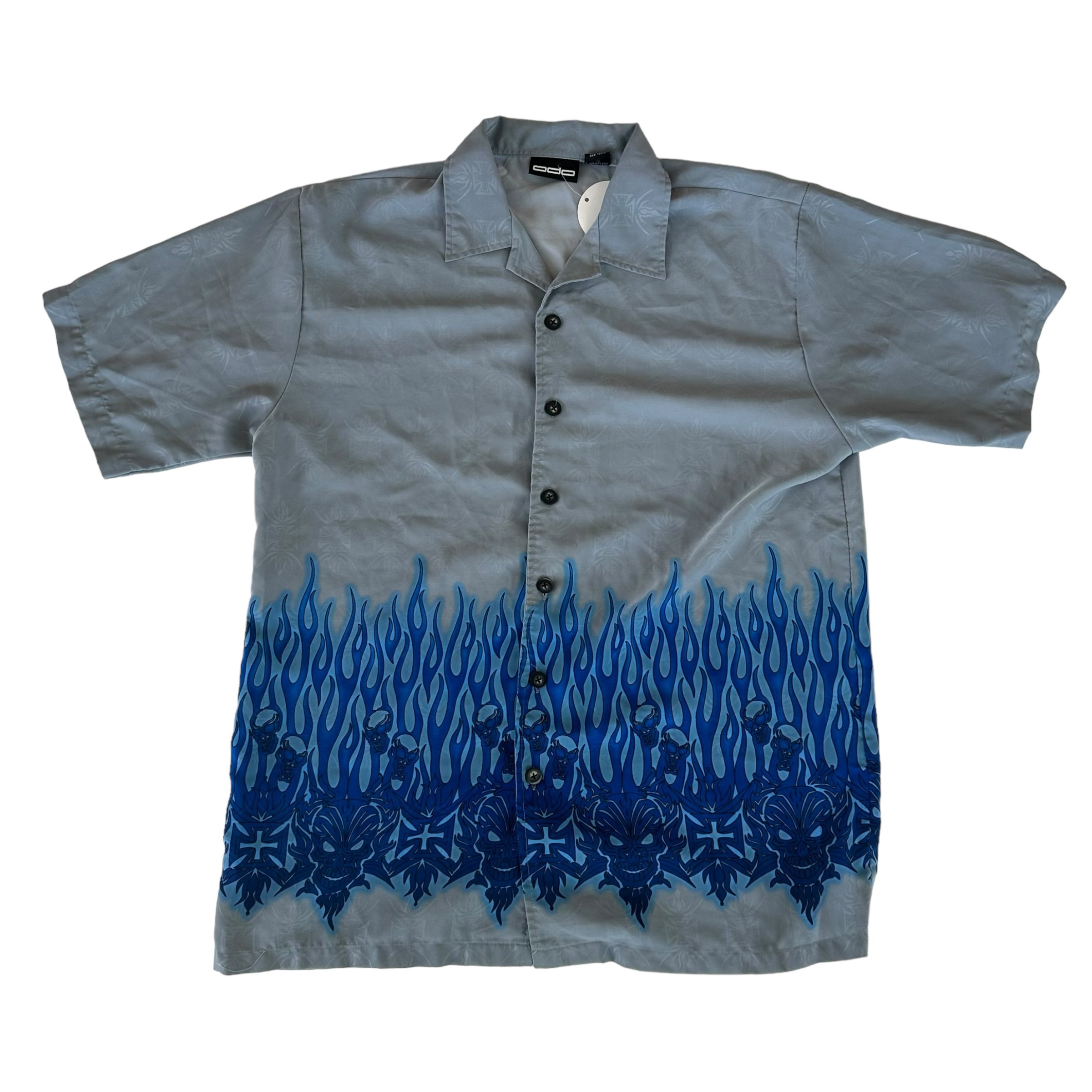 Y2k Grey Flame Polyester Button Up