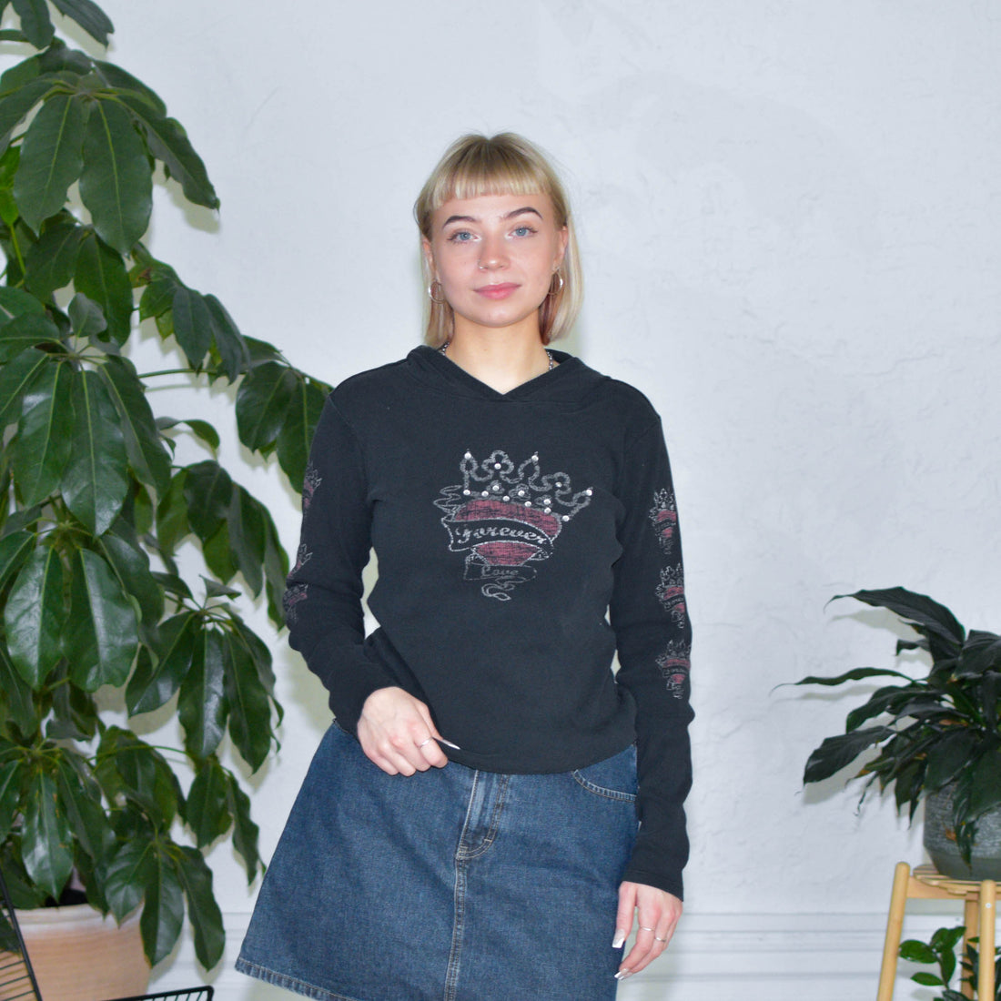 Y2k Forever Heart Graphic Long Sleeve Femme Hooded Top