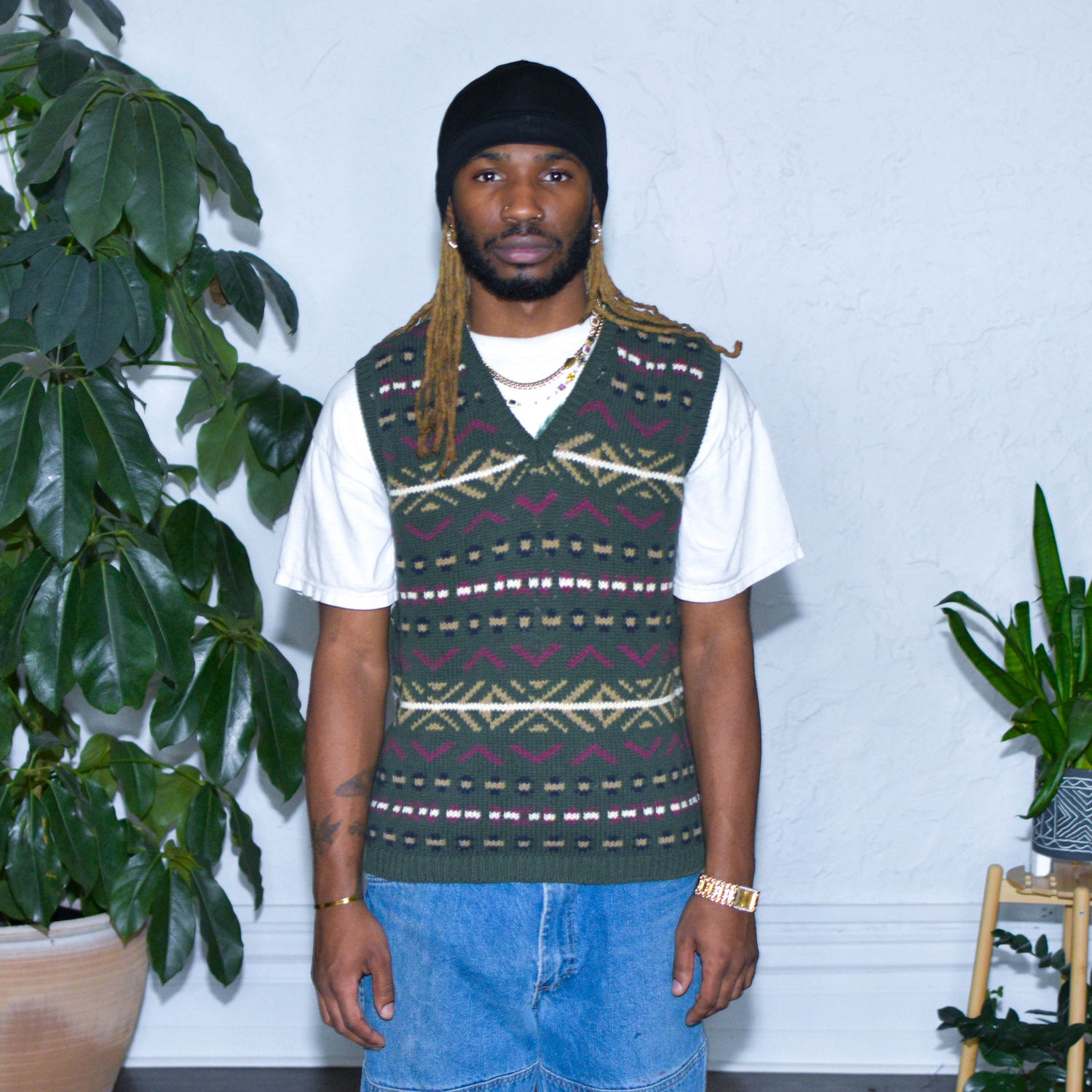 Vintage British Khaki Multi-print Knit Sweater Vest