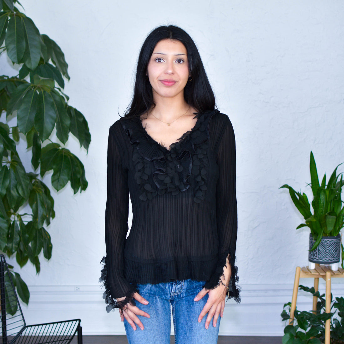Vintage Black Pleated Blouse