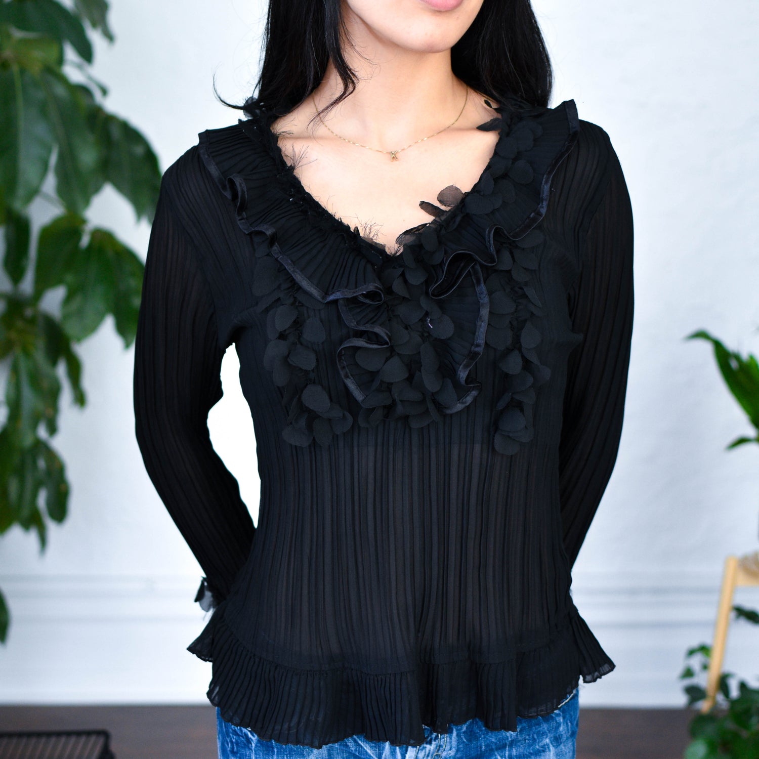 Vintage Black Pleated Blouse
