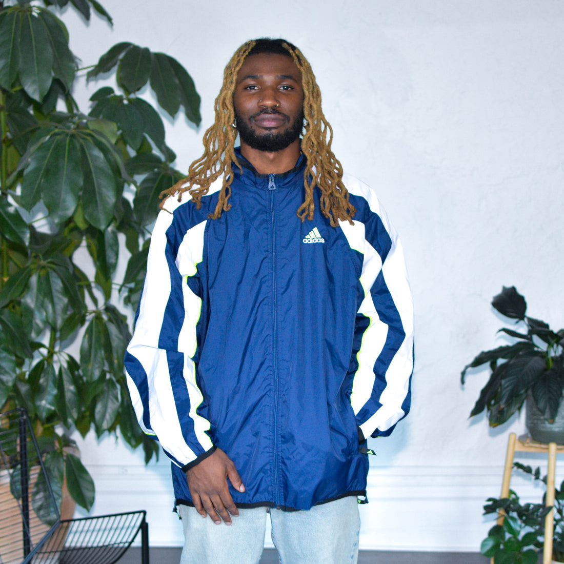 Vintage 90s Adidas Navy, White and Lime Green Unlined Windbreaker