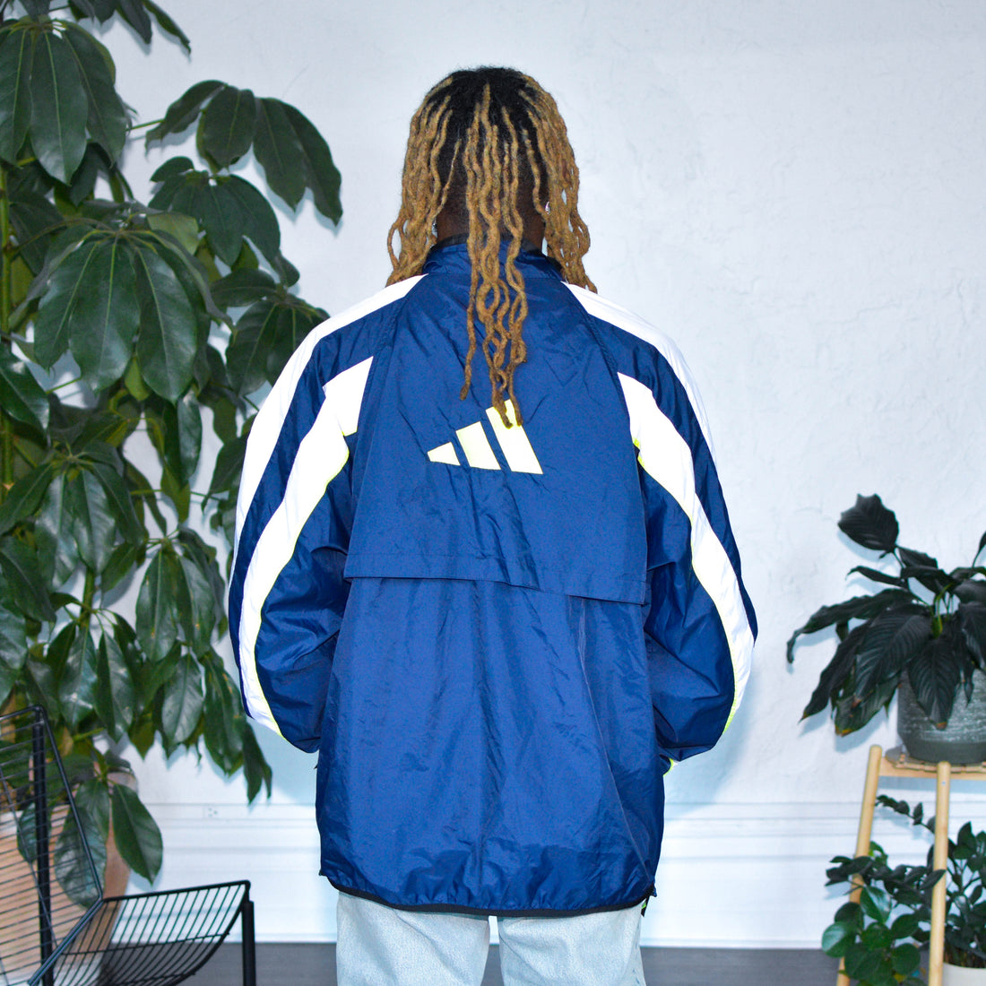 Vintage 90s Adidas Navy, White and Lime Green Unlined Windbreaker