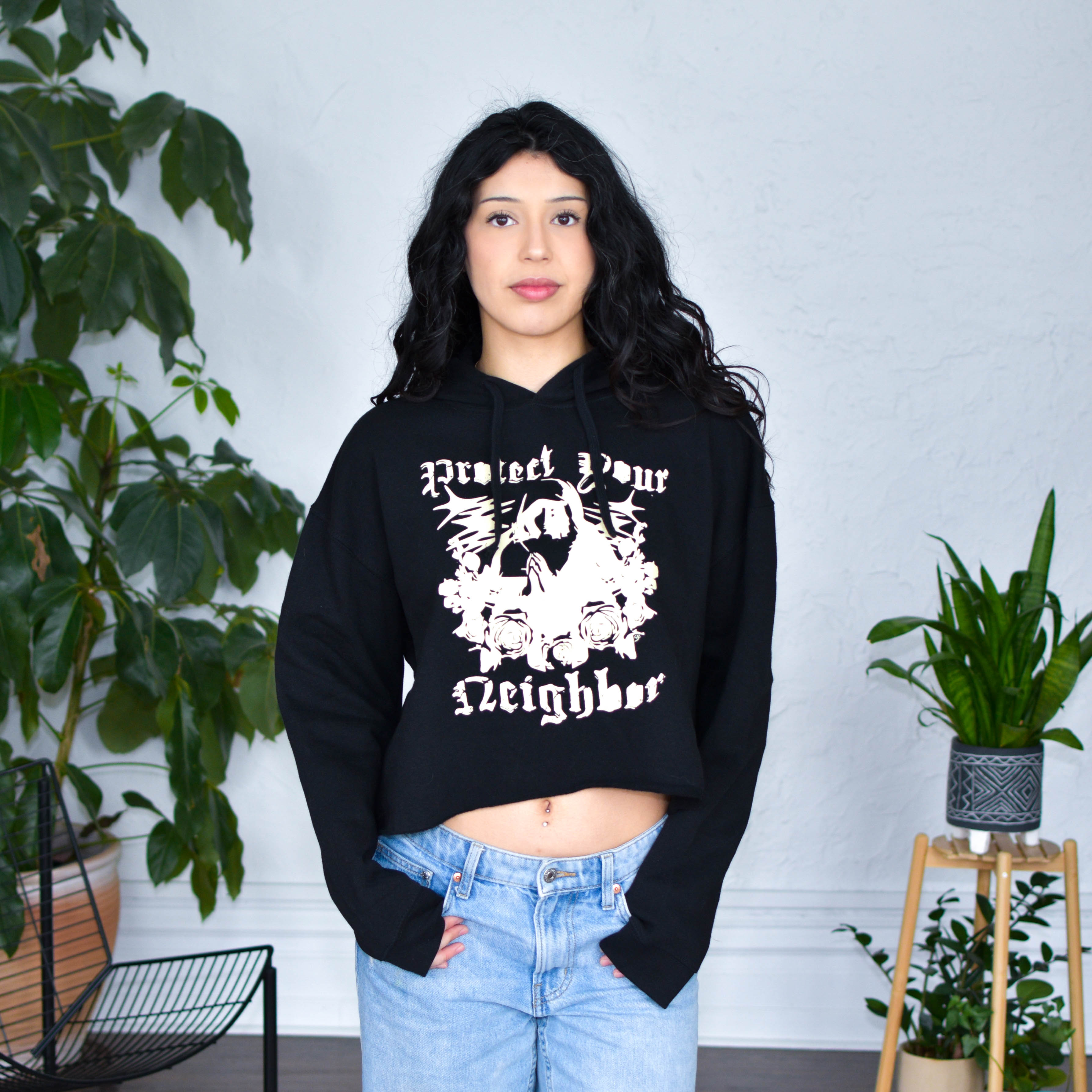 Black Cropped Hoodie "Protect Your Neighbors" Solidarity Merch