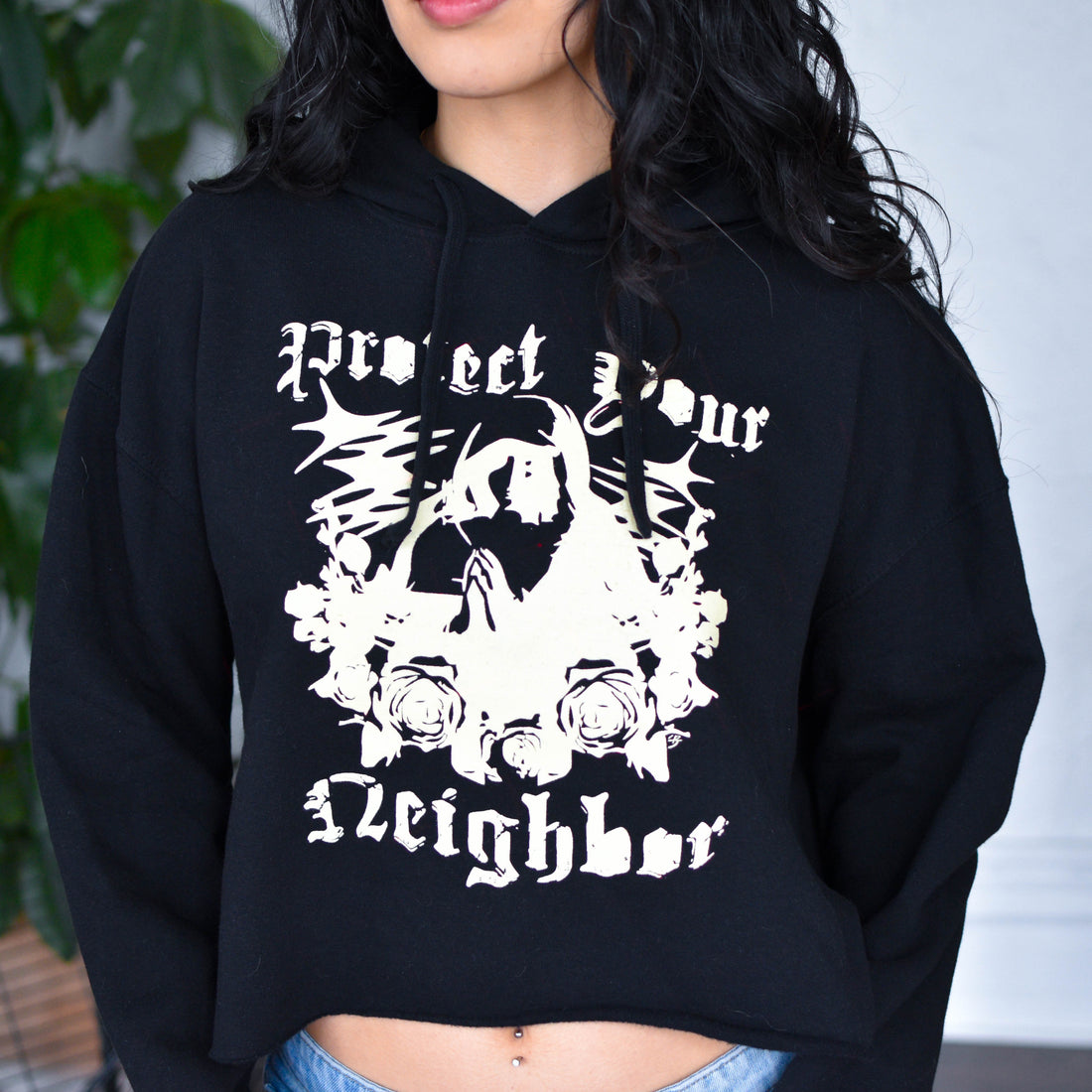 Black Cropped Hoodie "Protect Your Neighbors" Solidarity Merch