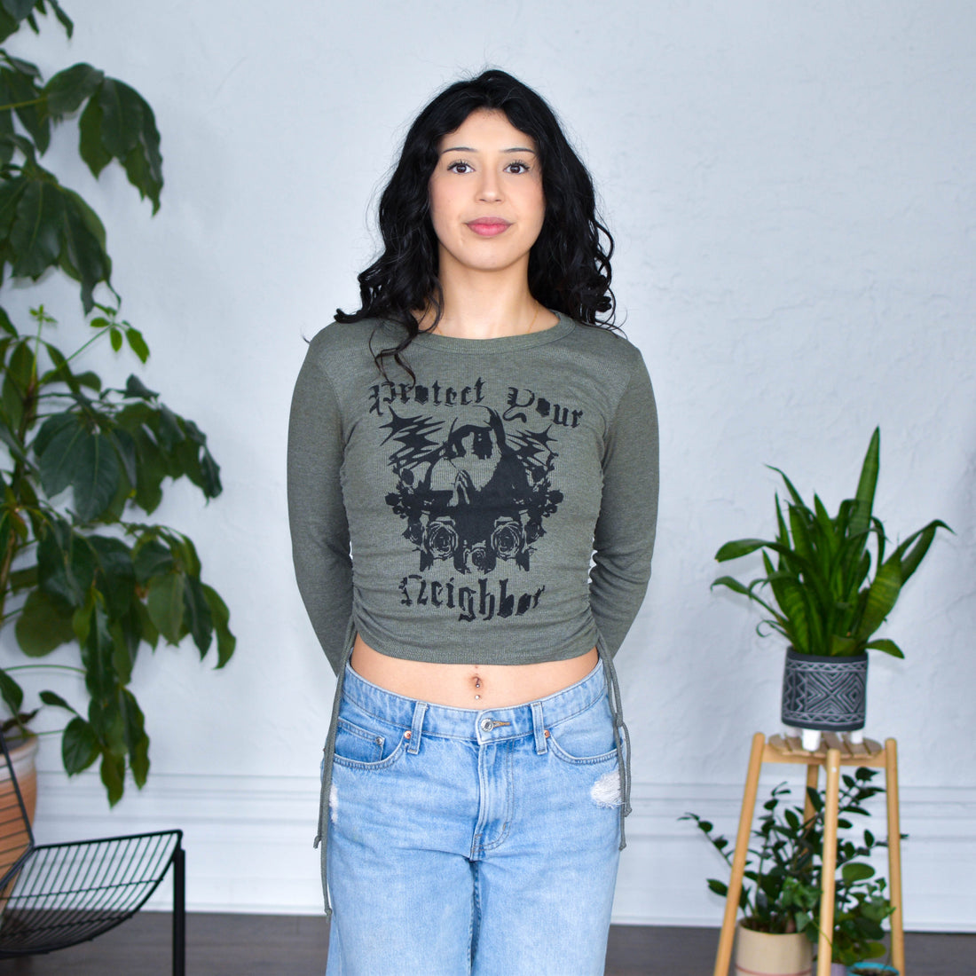 Olive Cropped Thermal "Protect Your Neighbors" Solidarity Merch