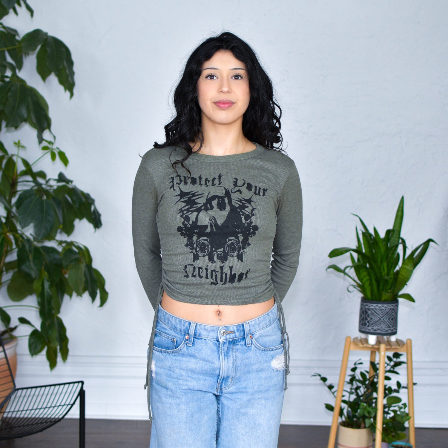 Olive Cropped Thermal "Protect Your Neighbors" Solidarity Merch