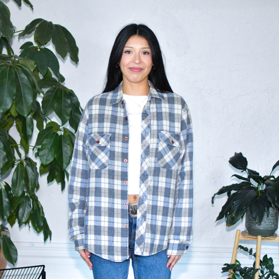 Vintage 80s Sandherst Blue and White Button Down Flannel
