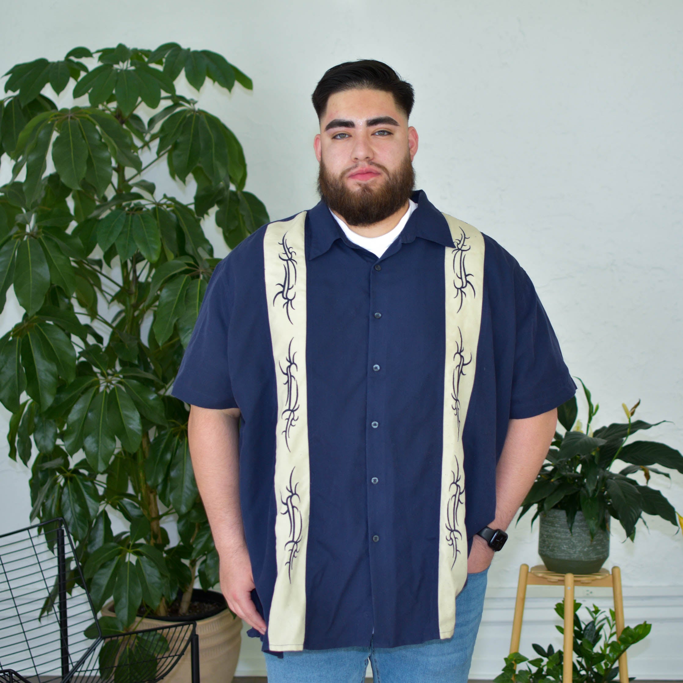 Y2k Navy Short Sleeve Button Up