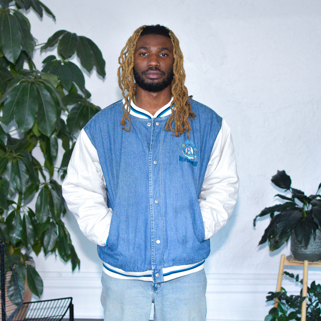 Vintage 90s Disney Eeyore Quilted Varsity Denim Jacket