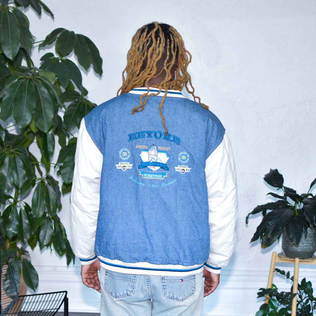 Vintage 90s Disney Eeyore Quilted Varsity Denim Jacket