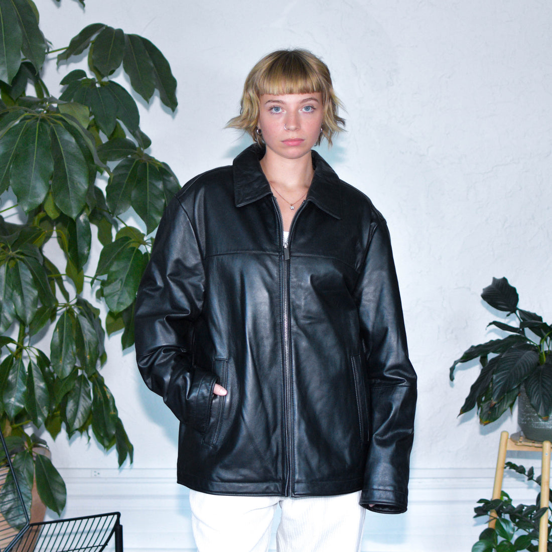 Vintage Insulated Perry Ellis Portfolio Black Leather Jacket