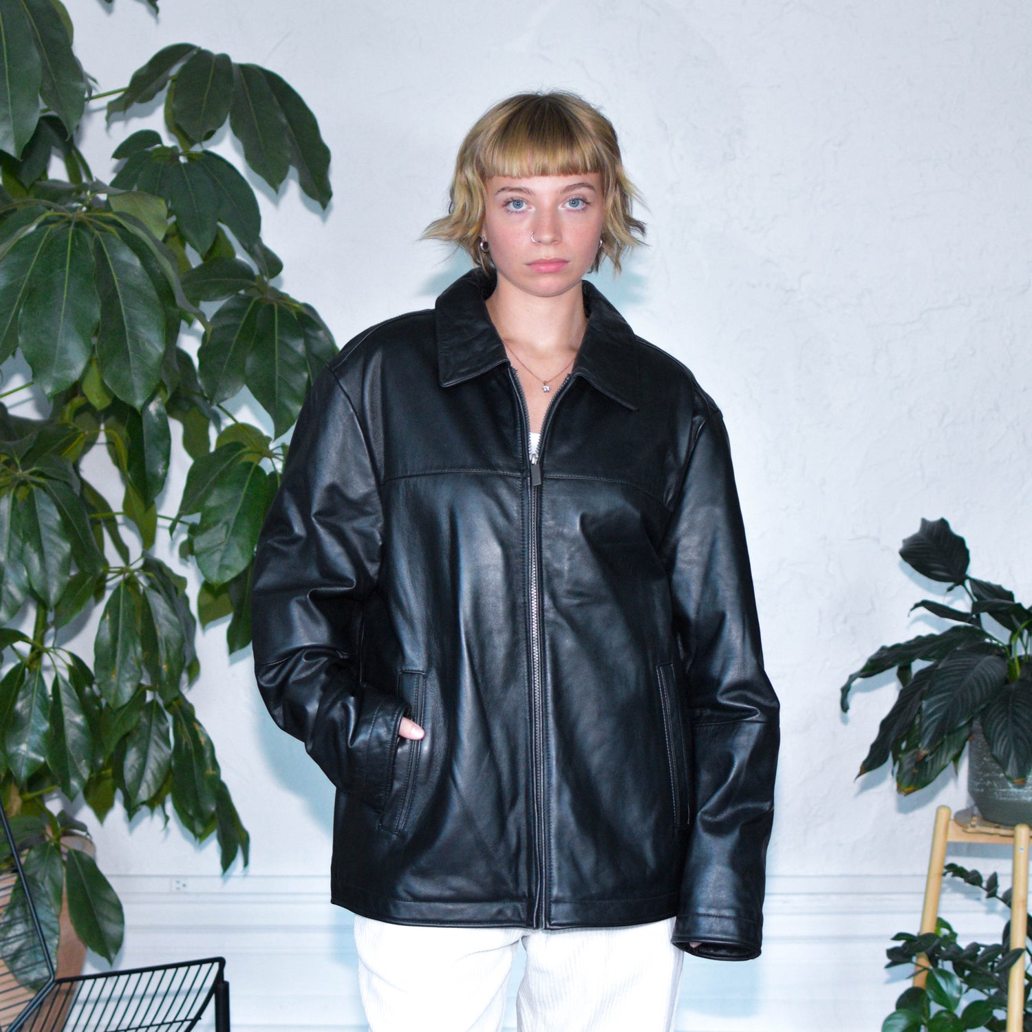 Vintage Insulated Perry Ellis Portfolio Black Leather Jacket