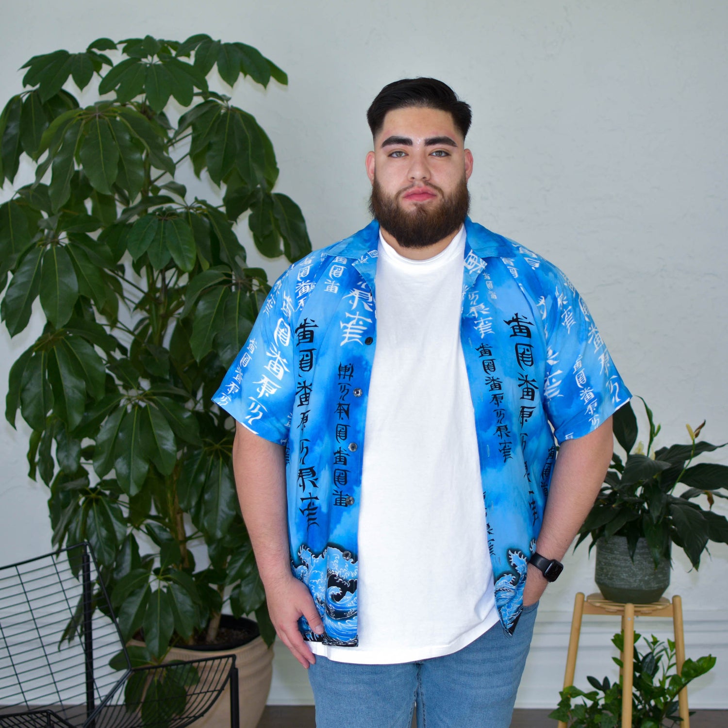 Y2k Blue Graphic Short Sleeve Button Up