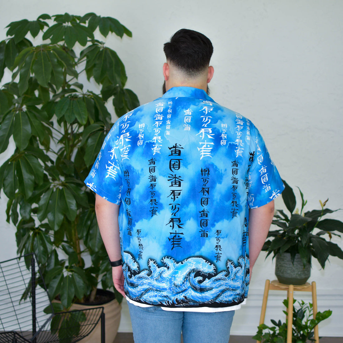 Y2k Blue Graphic Short Sleeve Button Up