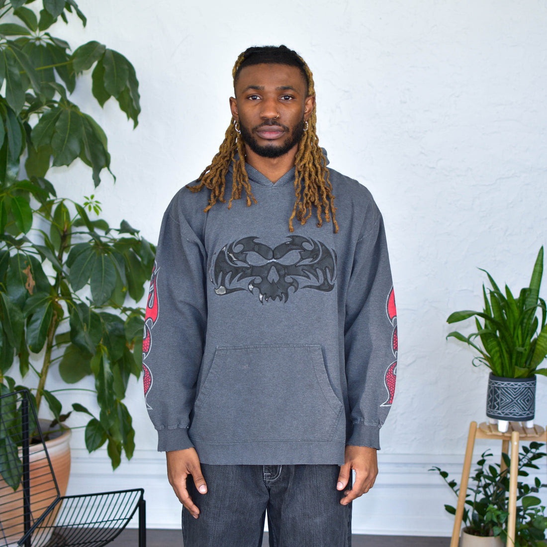 Vintage Gray Skull and Flames Hoodie