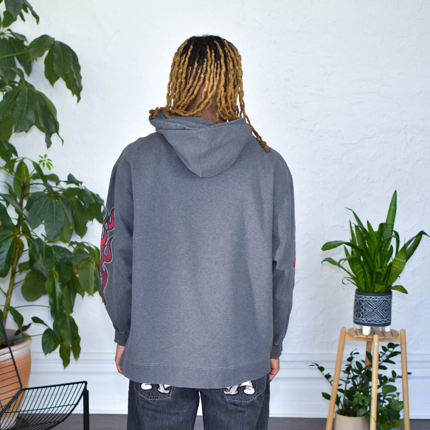 Vintage Gray Skull and Flames Hoodie