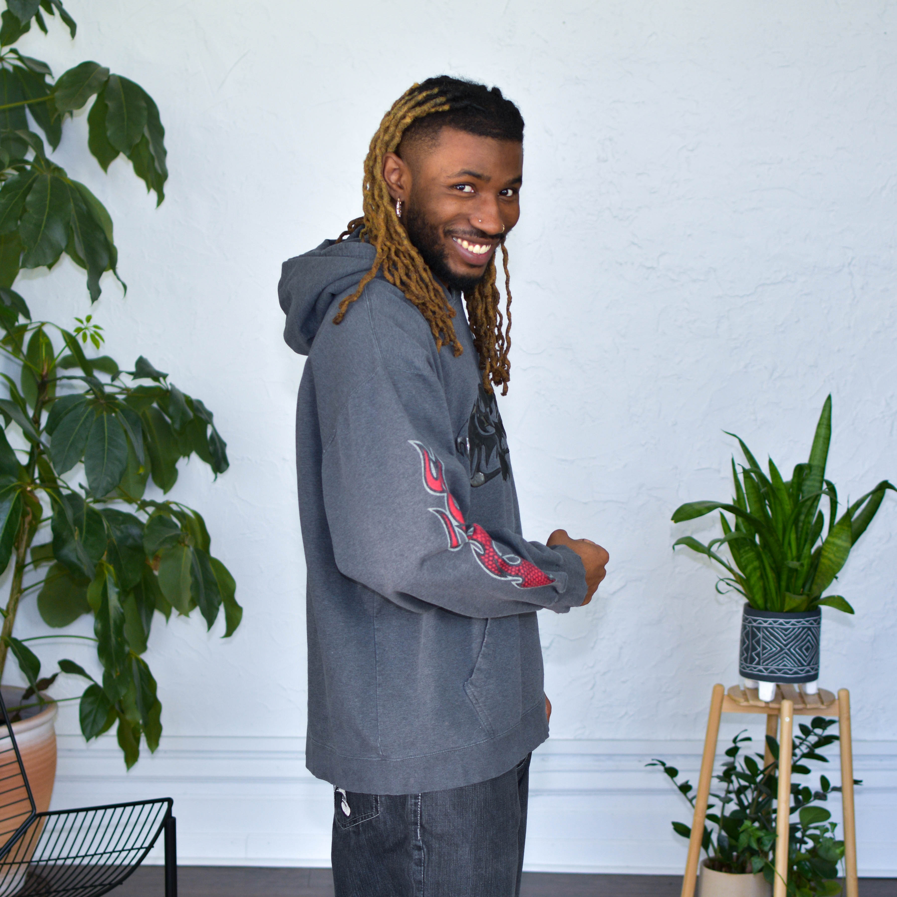 Vintage Gray Skull and Flames Hoodie