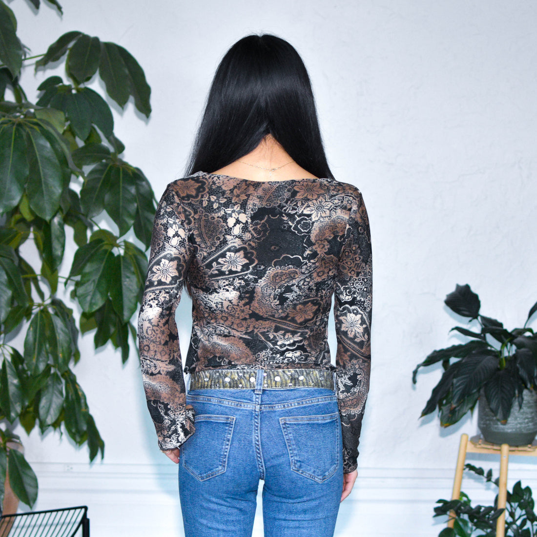 Vintage Y2K Brown and Black Paisley Long Sleeve Blouse