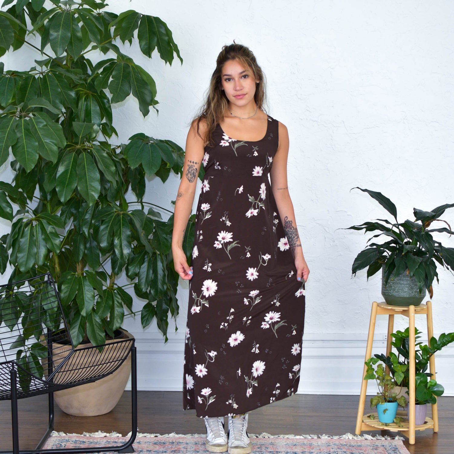 Vintage Brown Floral Sheer Maxi Dress