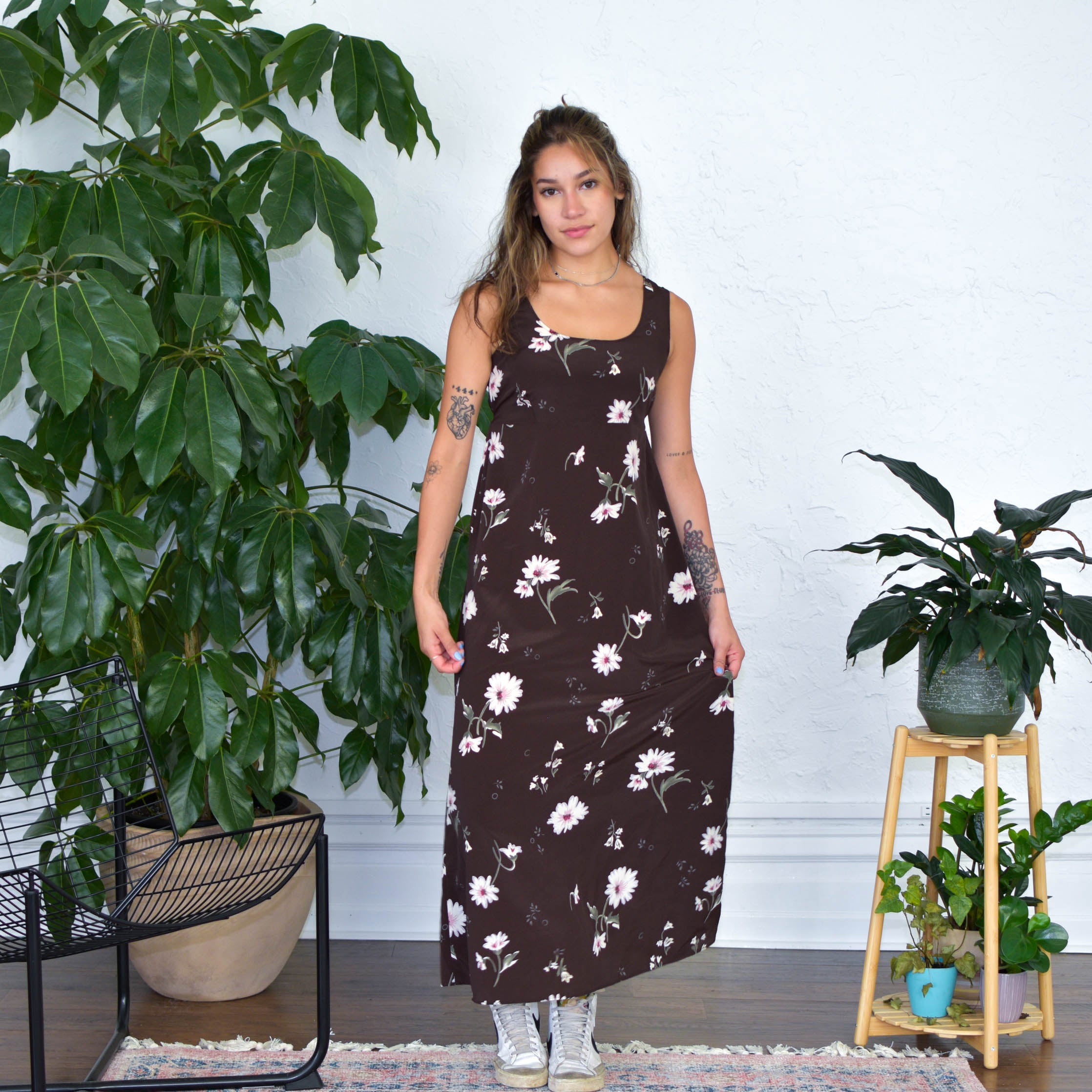 Vintage Brown Floral Sheer Maxi Dress