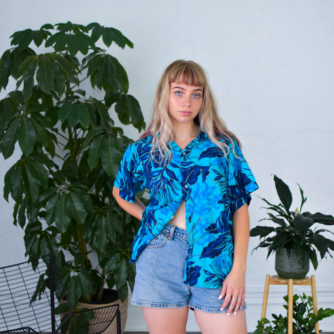 Vintage Blue Floral Short Sleeve Button Up