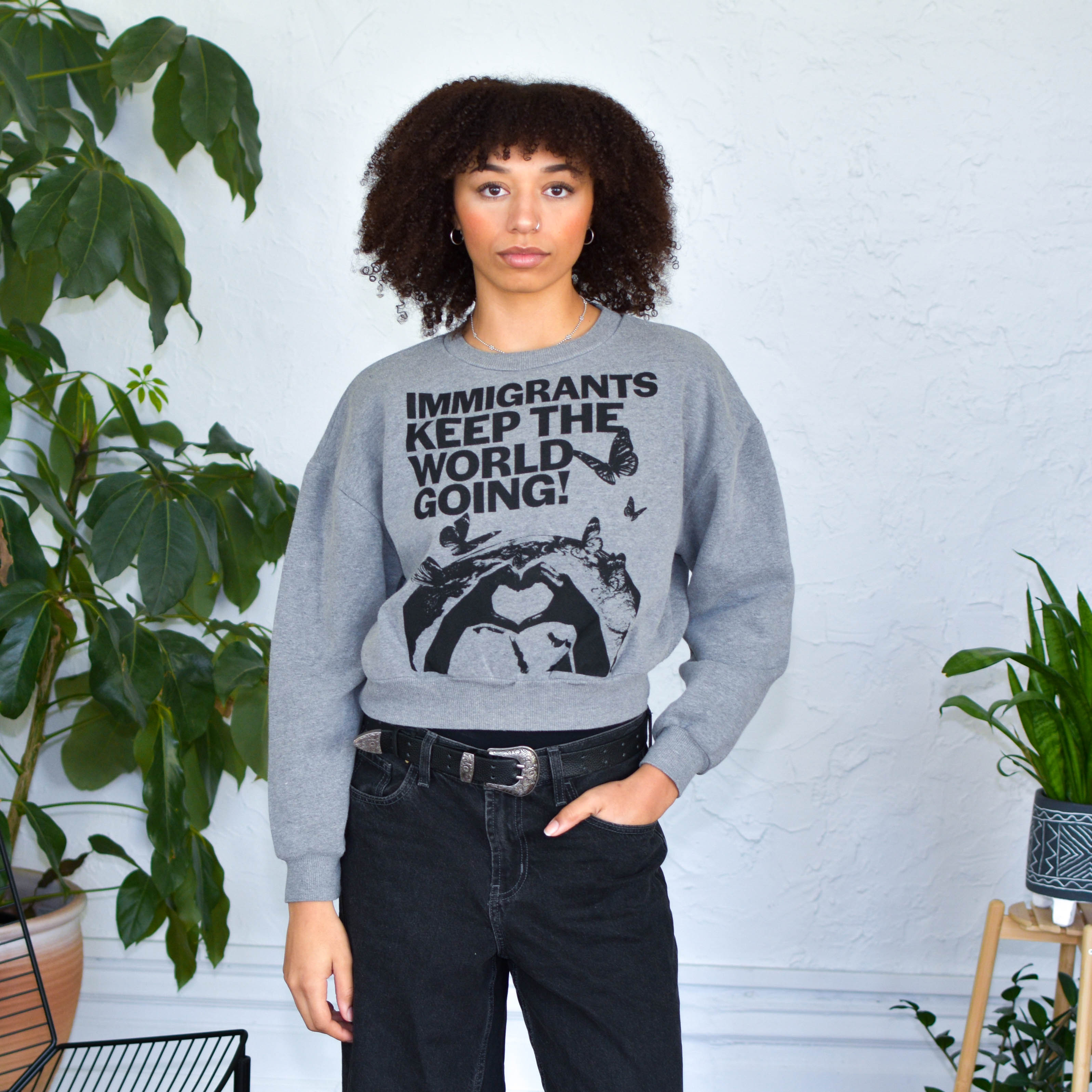 Gray Cropped Sweatshirt - "Immigrants Keep the World Going" Solidarity Merch