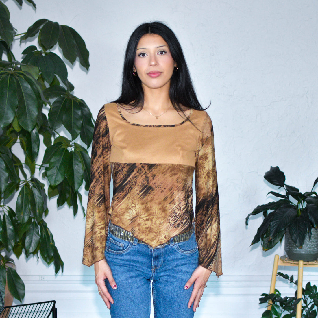 Vintage Y2K Brown Flared Long-Sleeve Blouse