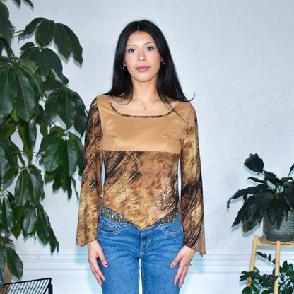 Vintage Y2K Brown Flared Long-Sleeve Blouse