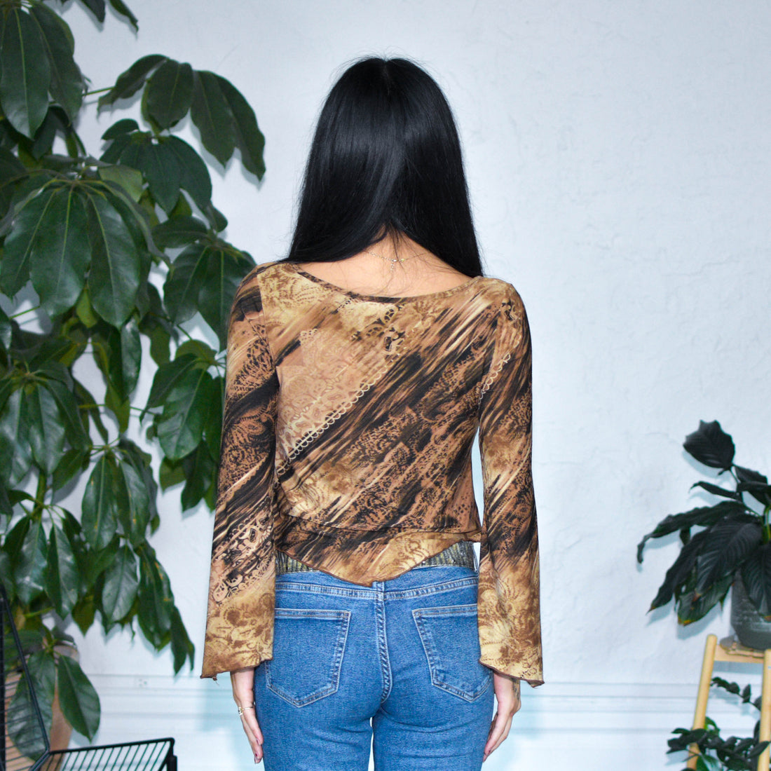 Vintage Y2K Brown Flared Long-Sleeve Blouse