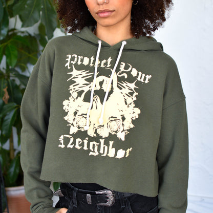 Olive Cropped Sweatshirt - "Protect Your Neighbor" Solidarity Merch